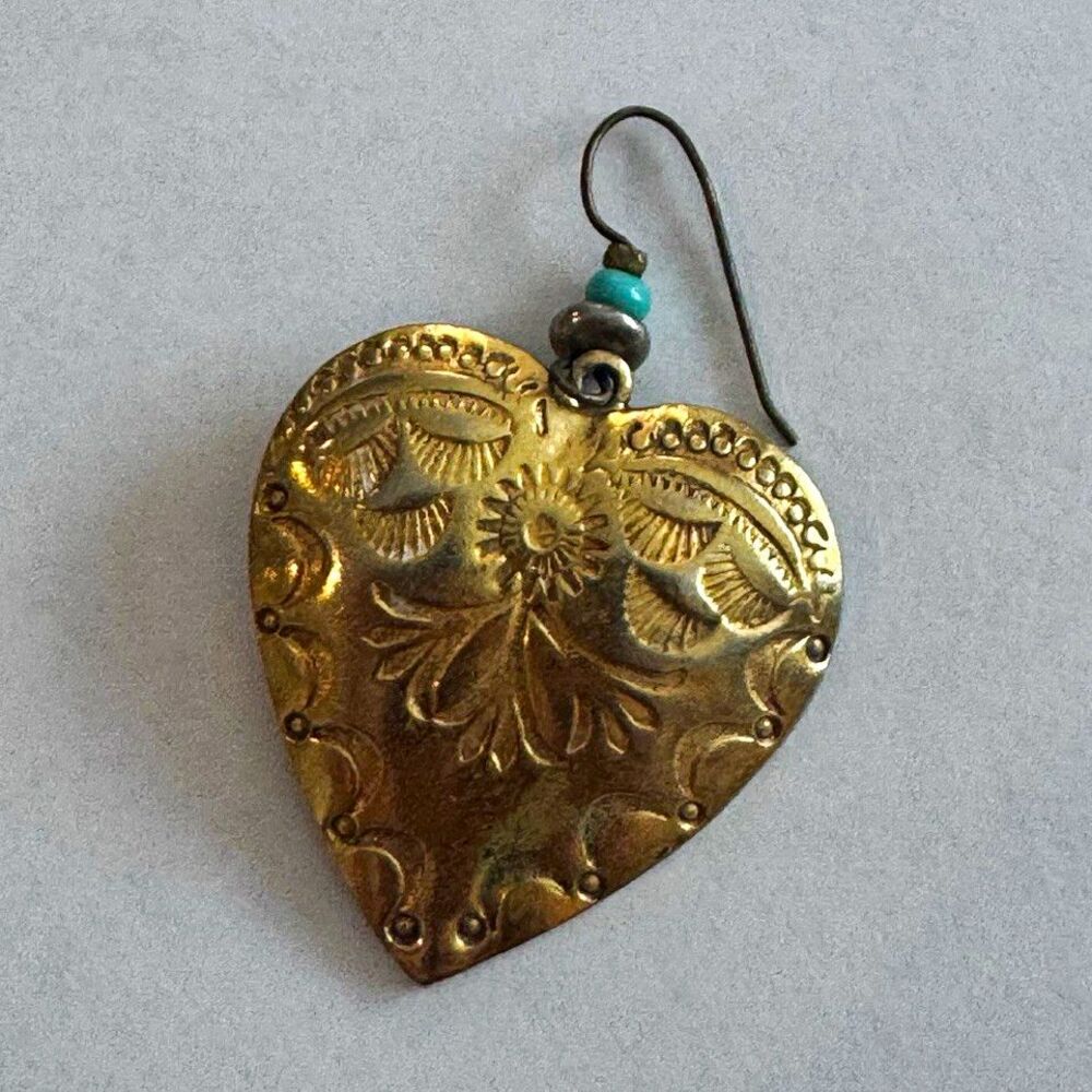 Handmade Brass Heart Dangle Hook Earrings with Round Blue Turquoise Bead